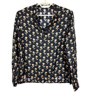 Momoni Italy Dark Floral Blouse 100% Silk v-neck long sleeve IT 42/ US M